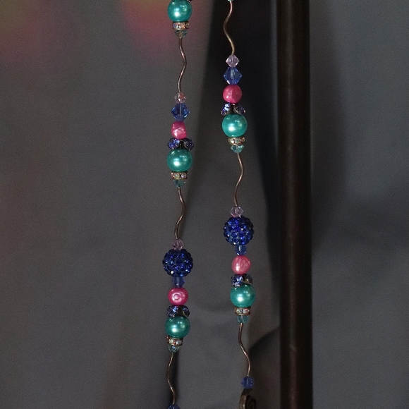 Custom Crystal Necklace with Peacock Turquoise Pink Lavender Crystals Metal Art - Picture 6 of 6